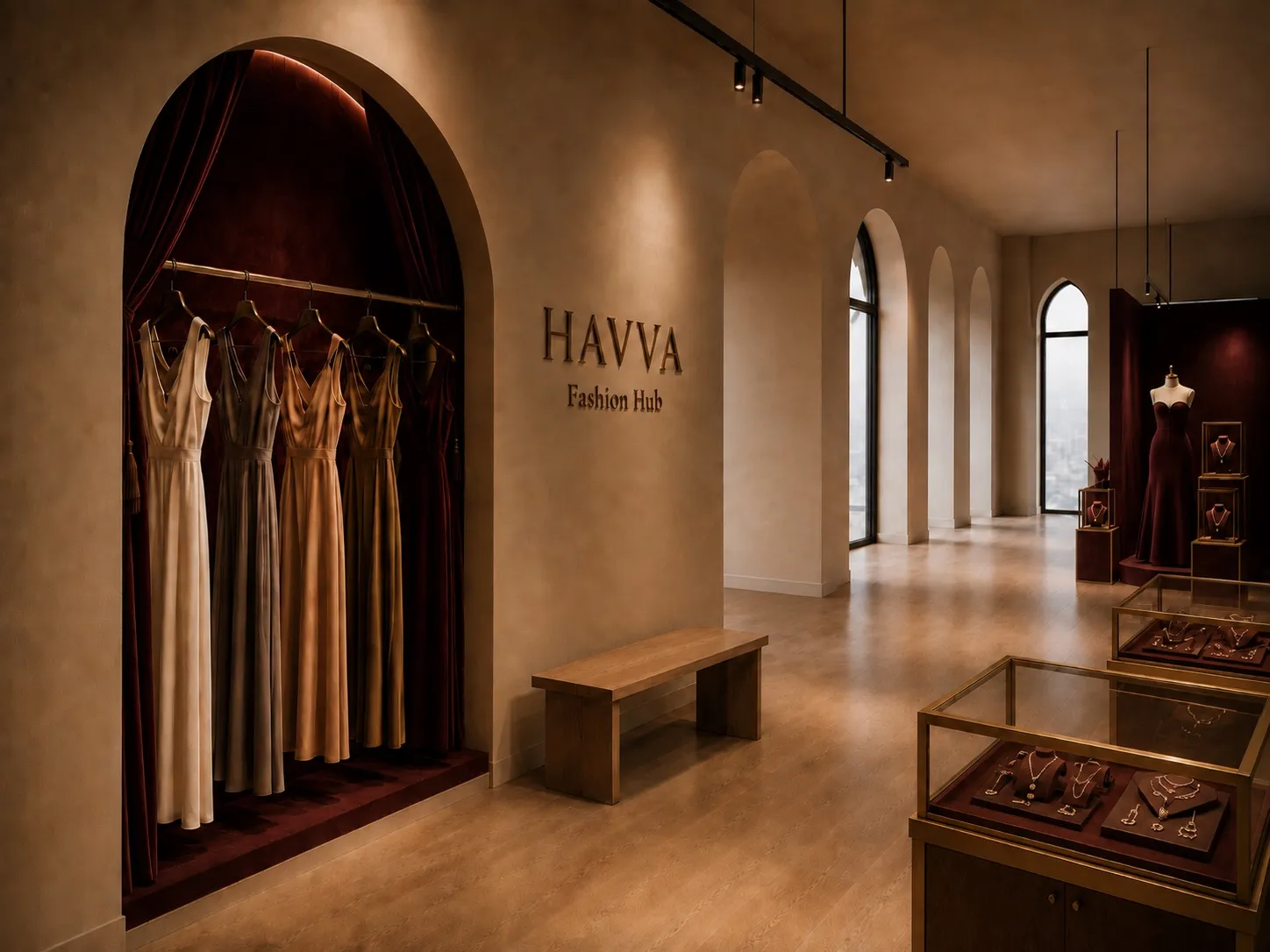 Арочная ниша с вечерними платьями, надпись HAVVA Fashion Hub на стене, дубовая скамья и витрины с украшениями